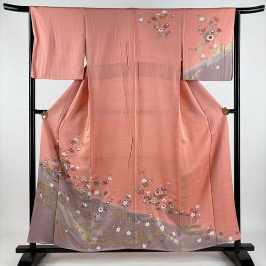 訪問服 身長157cm 袖長64cm M 雙層 花車 ヱ霞 金銀彩 漸層 粉紅 純蠶絲 優品級