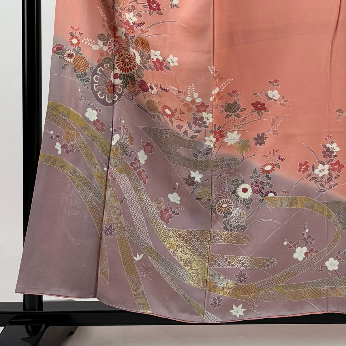訪問服 身長157cm 袖長64cm M 雙層 花車 ヱ霞 金銀彩 漸層 粉紅 純蠶絲 優品級