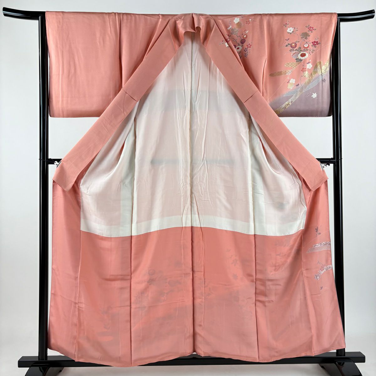 訪問服 身長157cm 袖長64cm M 雙層 花車 ヱ霞 金銀彩 漸層 粉紅 純蠶絲 優品級