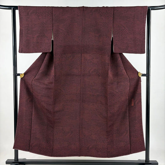 【庫存清倉】 【美品】 江戶小紋 身長150.5cm 袖長62cm S 雙層 六谷博臣 大和 落款あり 家屋 流水 縮緬 紅紫 純蠶絲 名品級