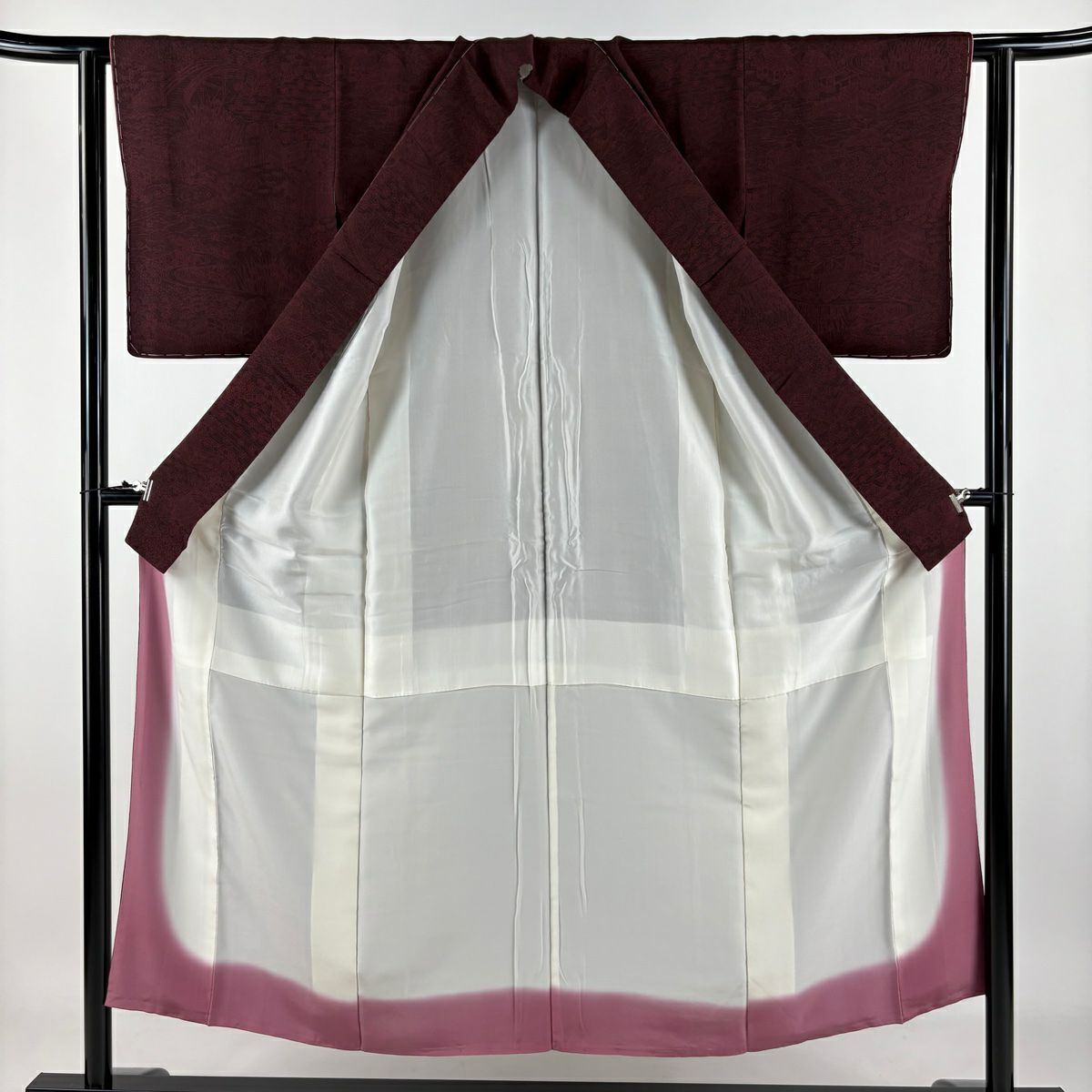 【庫存清倉】 【美品】 江戶小紋 身長150.5cm 袖長62cm S 雙層 六谷博臣 大和 落款あり 家屋 流水 縮緬 紅紫 純蠶絲 名品級