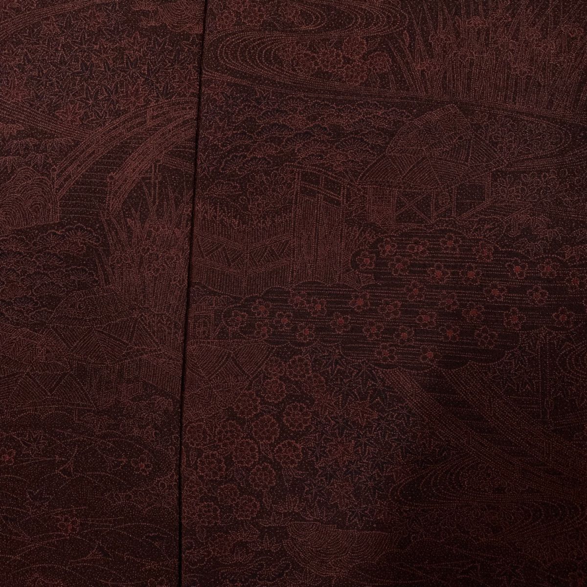 【庫存清倉】 【美品】 江戶小紋 身長150.5cm 袖長62cm S 雙層 六谷博臣 大和 落款あり 家屋 流水 縮緬 紅紫 純蠶絲 名品級