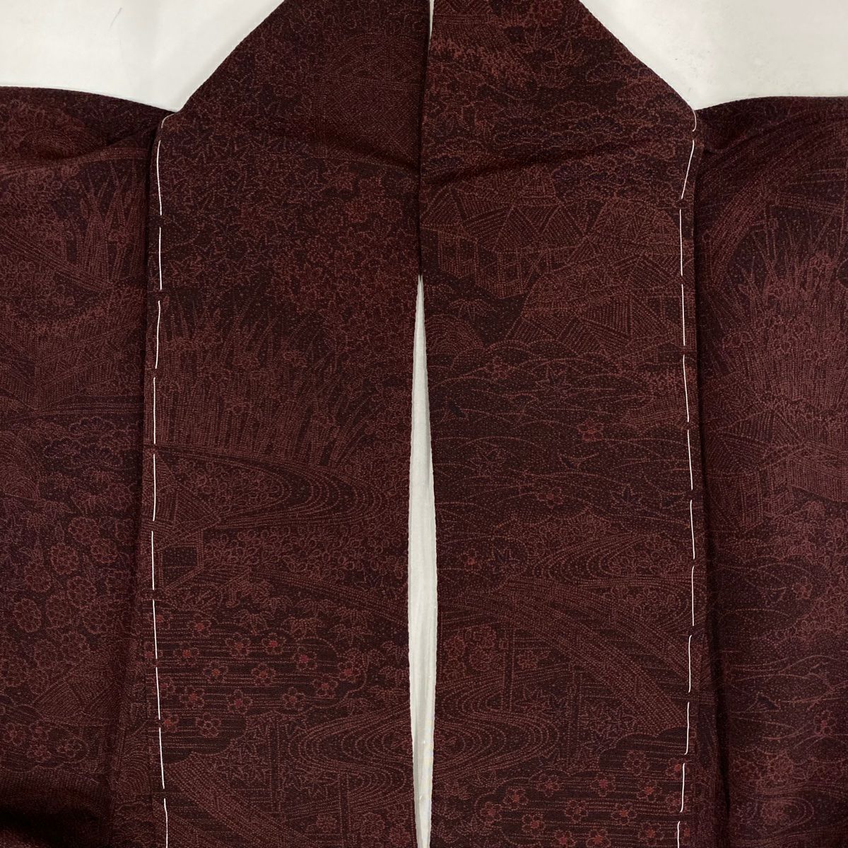【庫存清倉】 【美品】 江戶小紋 身長150.5cm 袖長62cm S 雙層 六谷博臣 大和 落款あり 家屋 流水 縮緬 紅紫 純蠶絲 名品級