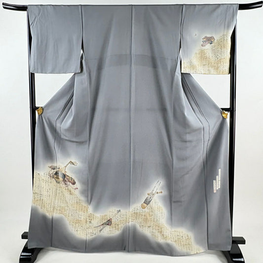 【庫存清倉】 付下 身長167cm 袖長67cm M 雙層 樽本伊勢蔵 附有落款 和樂器 冊子 金銀彩 灰 純蠶絲 名品級