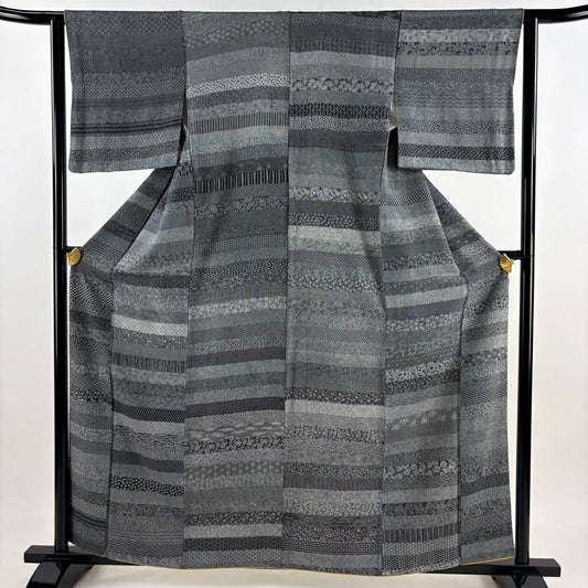 【美品】 江戶小紋 身長161cm 袖長62cm S 雙層 落款あり 寄せ柄 小花 黑 純蠶絲 名品級