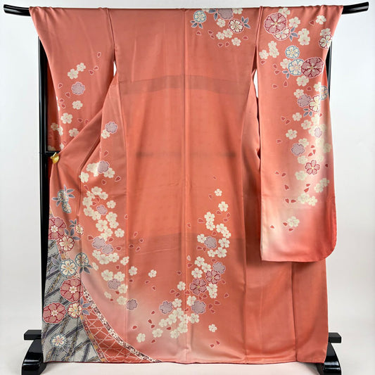 【美品】振袖禮服 身長172cm 袖長70cm L 雙層 櫻花花瓣 金銀彩 漸層 鮭粉色 純蠶絲 名品級