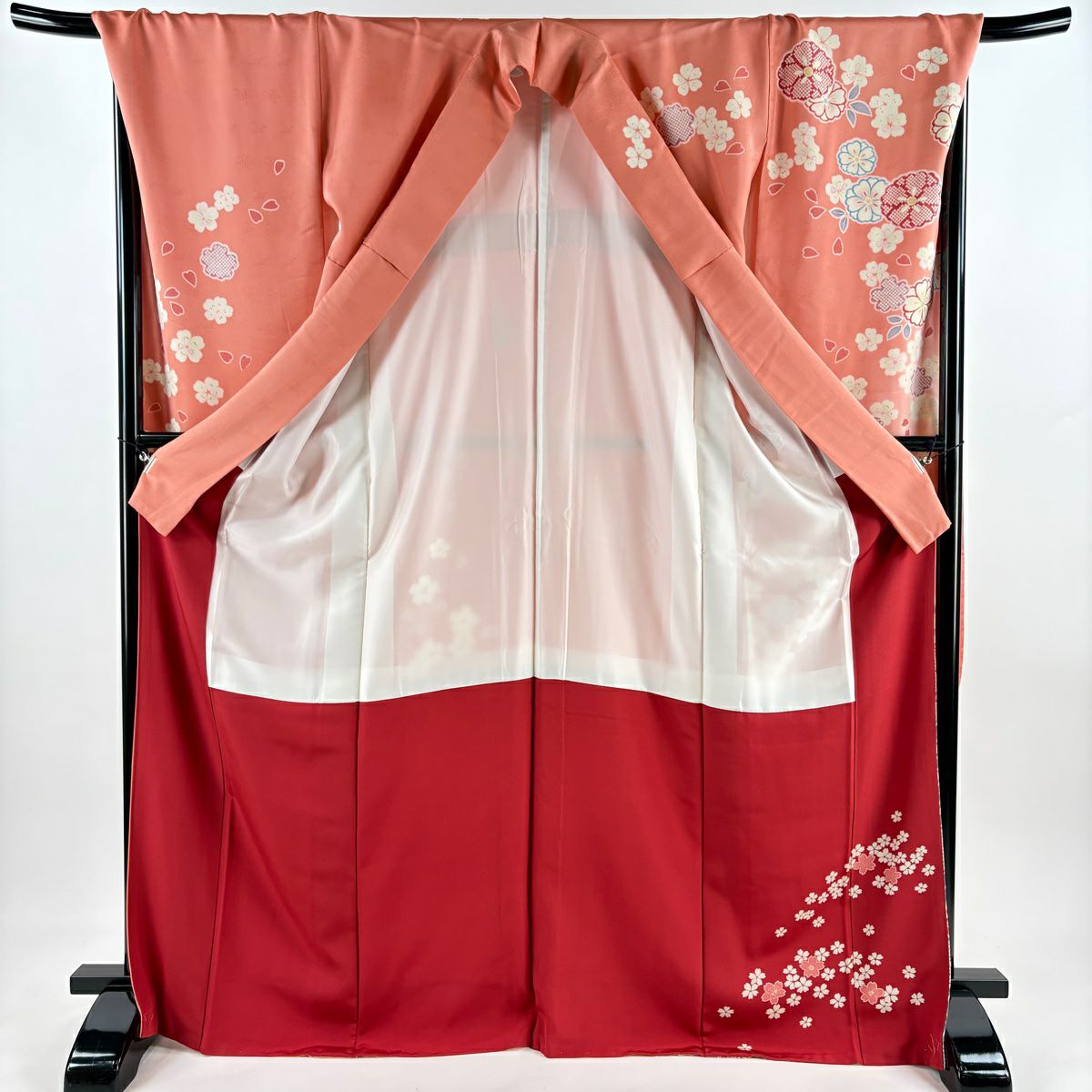 【美品】振袖禮服 身長172cm 袖長70cm L 雙層 櫻花花瓣 金銀彩 漸層 鮭粉色 純蠶絲 名品級