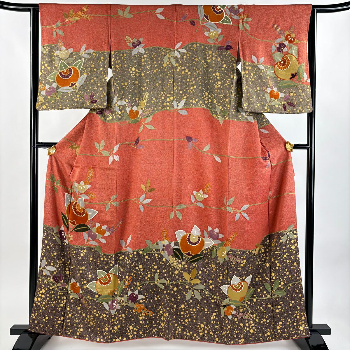 訪問服 身長160cm 袖長63cm S 雙層 橘 金金箔散佈圖案 金銀彩 染分 茜 純蠶絲 優品級