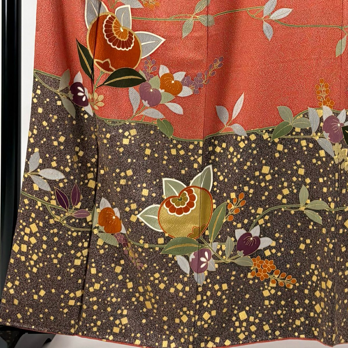 訪問服 身長160cm 袖長63cm S 雙層 橘 金金箔散佈圖案 金銀彩 染分 茜 純蠶絲 優品級