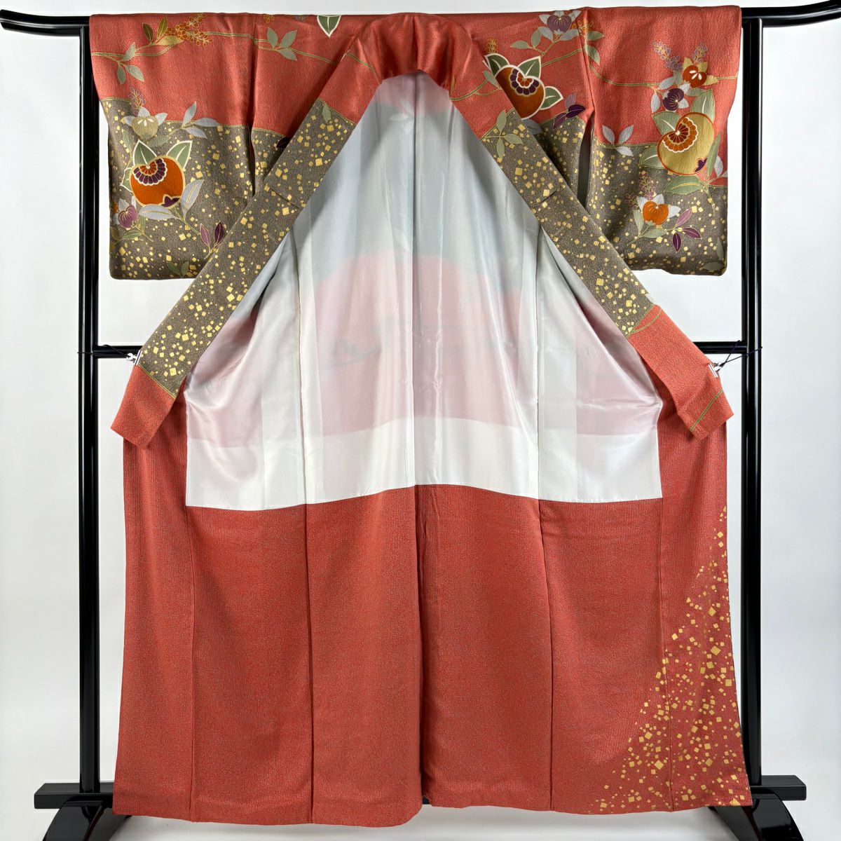 訪問服 身長160cm 袖長63cm S 雙層 橘 金金箔散佈圖案 金銀彩 染分 茜 純蠶絲 優品級