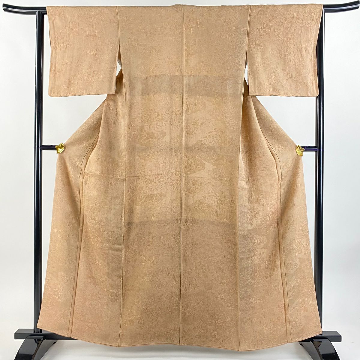 【美品】 小紋 身長160cm 袖長62.5cm S 雙層 地紋 漸層 淺橙 純蠶絲 優品級