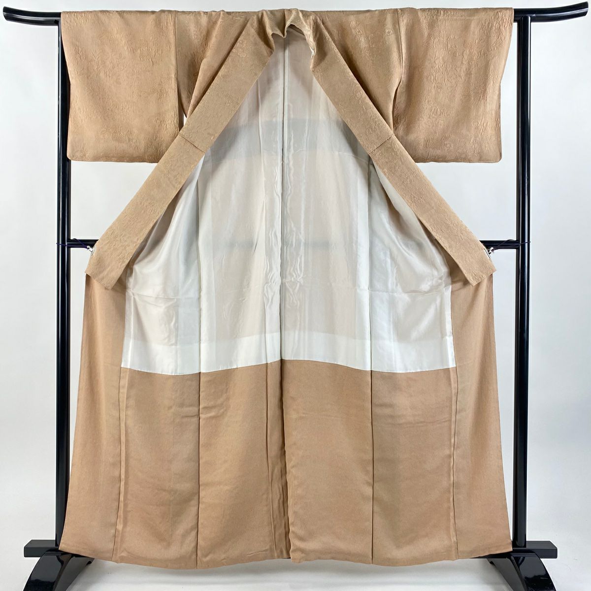 【美品】 小紋 身長160cm 袖長62.5cm S 雙層 地紋 漸層 淺橙 純蠶絲 優品級