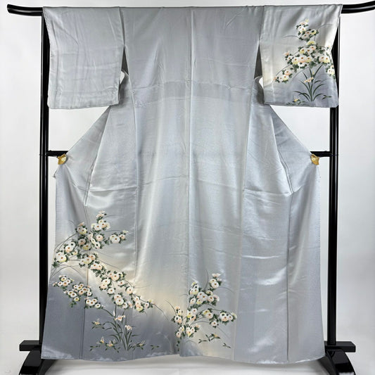 訪問服 身長163cm 袖長67cm M 雙層 菊花 金彩裝飾 螺鈿 灰 純蠶絲 秀品級