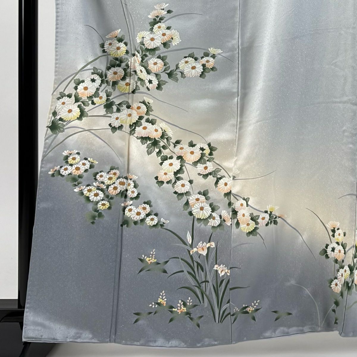 訪問服 身長163cm 袖長67cm M 雙層 菊花 金彩裝飾 螺鈿 灰 純蠶絲 秀品級