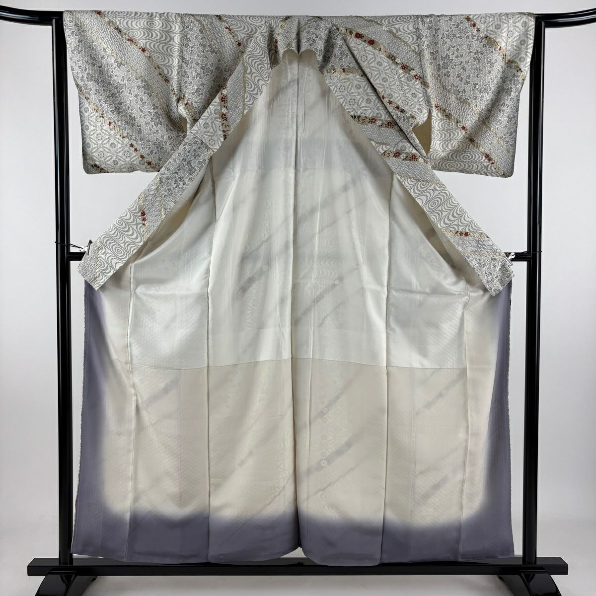 小紋 身長158cm 袖長63.5cm S 雙層 草花紋紋 有職文樣 金彩裝飾 奶油色 純蠶絲 優品級