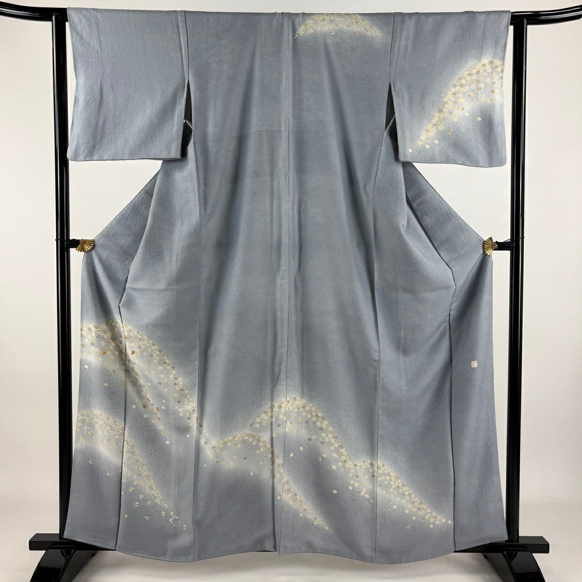 訪問服 身長160.5cm 袖長62.5cm S 雙層 落款 花 地紋 金絲 金銀彩 青灰 純蠶絲 秀品級