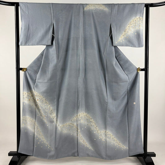 訪問服 身長160.5cm 袖長62.5cm S 雙層 落款 花 地紋 金絲 金銀彩 青灰 純蠶絲 秀品級