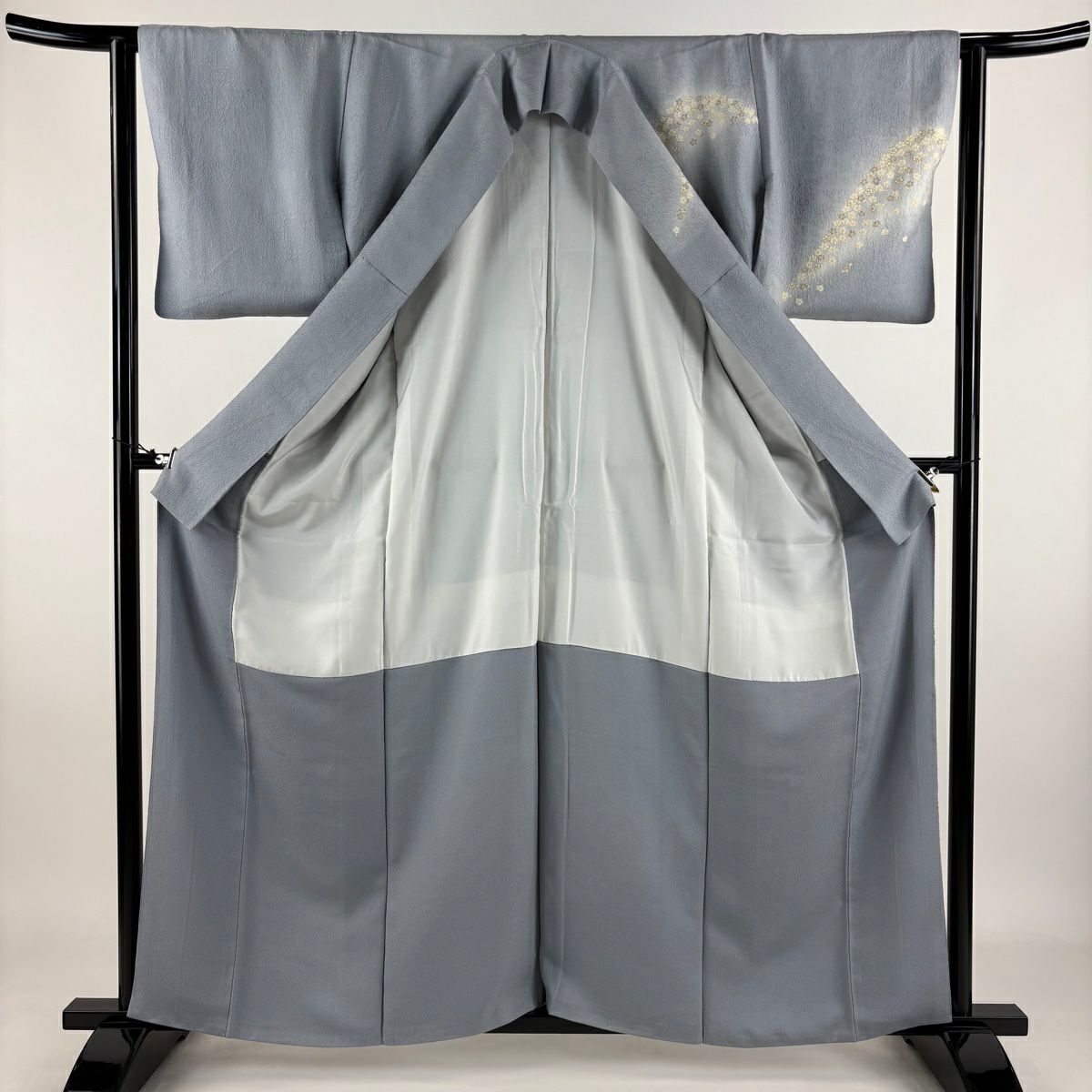 訪問服 身長160.5cm 袖長62.5cm S 雙層 落款 花 地紋 金絲 金銀彩 青灰 純蠶絲 秀品級
