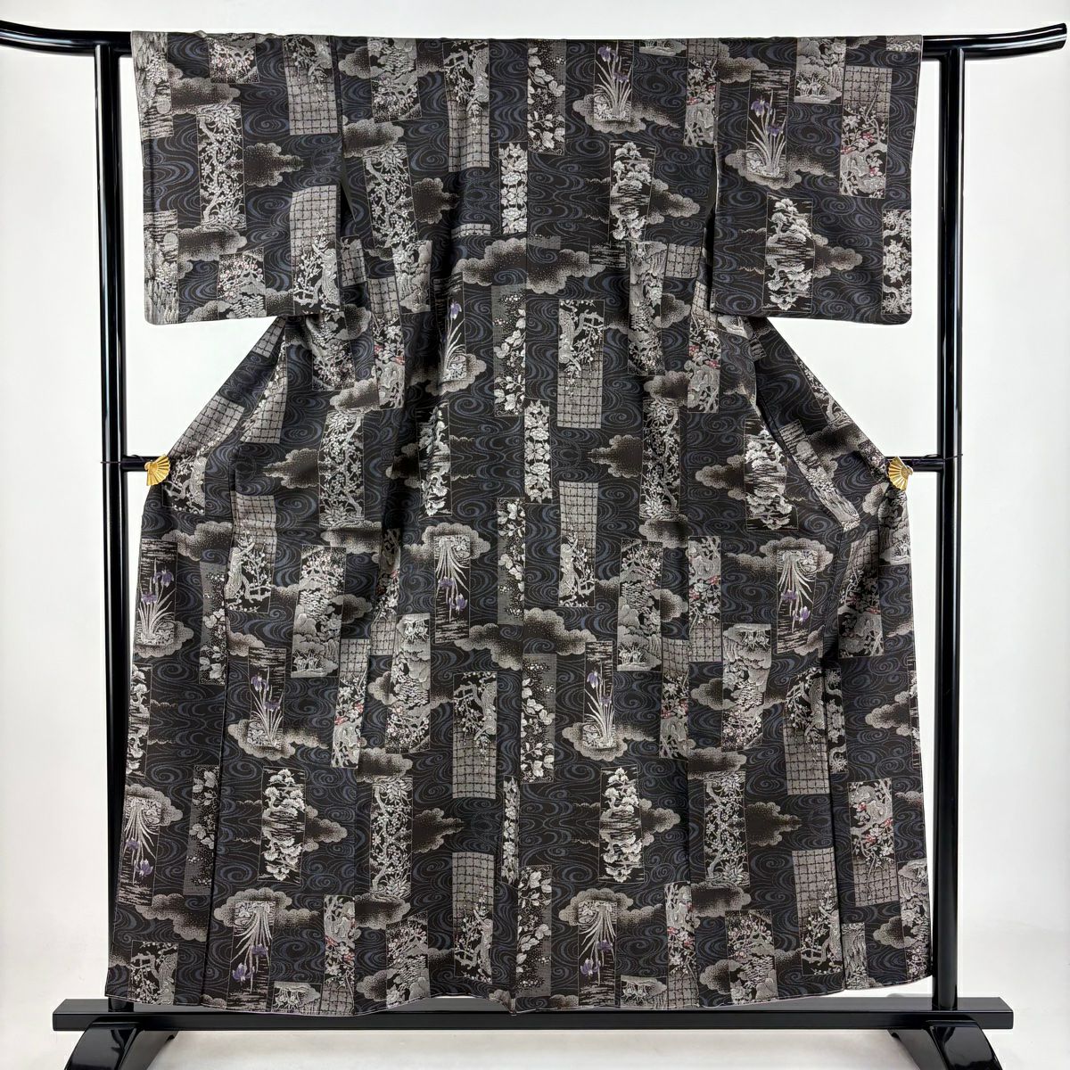 【庫存清倉】 【美品】 紬織 身長157cm 袖長60.5cm S 雙層 菖蒲 流水 焦茶 純蠶絲 名品級