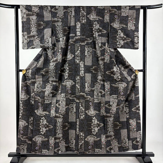 【庫存清倉】 【美品】 紬織 身長157cm 袖長60.5cm S 雙層 菖蒲 流水 焦茶 純蠶絲 名品級