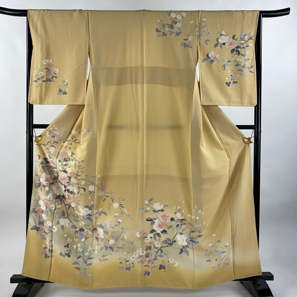 【庫存清倉】訪問服 身長160cm 袖長65cm M 雙層 落款有 枝花 菊花 金銀彩 漸層 山吹色 純蠶絲 名品級