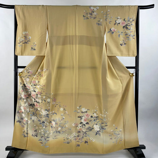 【庫存清倉】訪問服 身長160cm 袖長65cm M 雙層 落款有 枝花 菊花 金銀彩 漸層 山吹色 純蠶絲 名品級