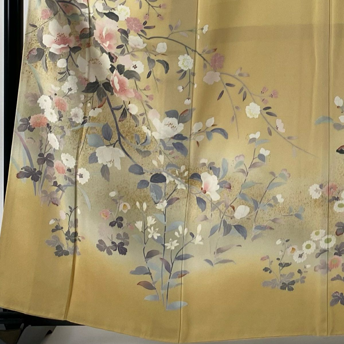 【庫存清倉】訪問服 身長160cm 袖長65cm M 雙層 落款有 枝花 菊花 金銀彩 漸層 山吹色 純蠶絲 名品級