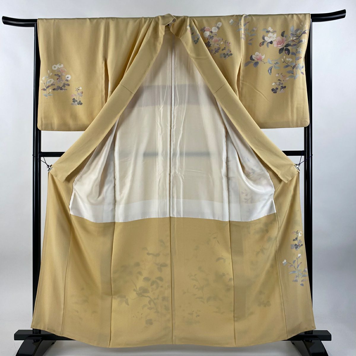 【庫存清倉】訪問服 身長160cm 袖長65cm M 雙層 落款有 枝花 菊花 金銀彩 漸層 山吹色 純蠶絲 名品級