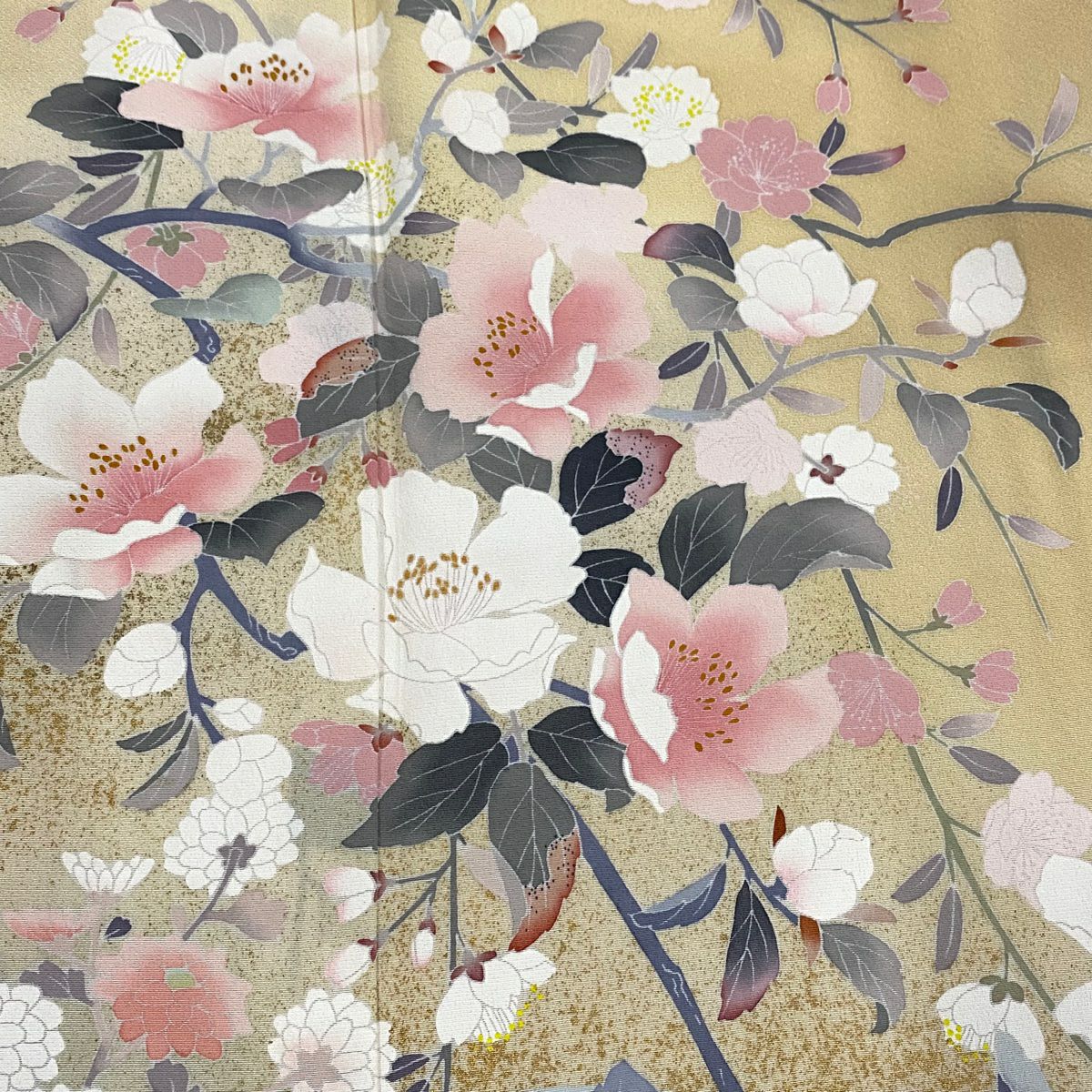 【庫存清倉】訪問服 身長160cm 袖長65cm M 雙層 落款有 枝花 菊花 金銀彩 漸層 山吹色 純蠶絲 名品級