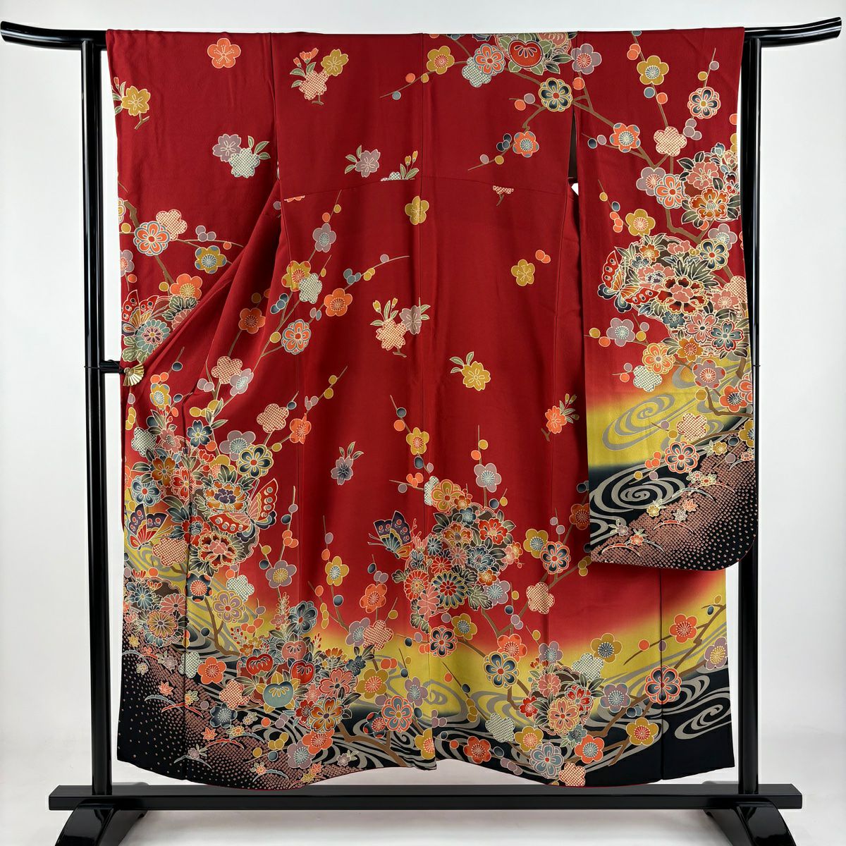 【庫存清倉】振袖禮服 身長153cm 袖長62cm S 雙層 蝴蝶 草花紋 染分 漸層 紅茶 純蠶絲 名品級