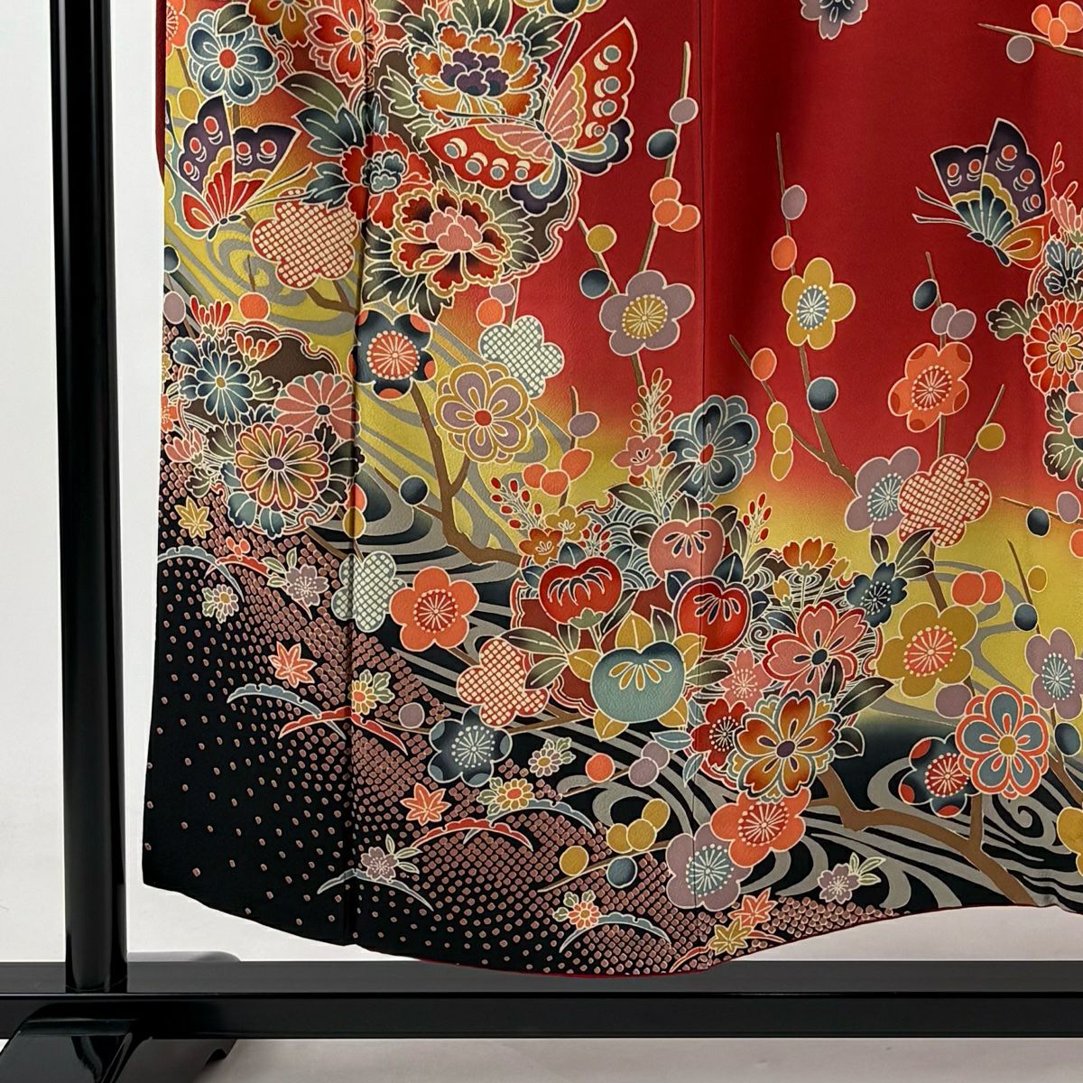 【庫存清倉】振袖禮服 身長153cm 袖長62cm S 雙層 蝴蝶 草花紋 染分 漸層 紅茶 純蠶絲 名品級