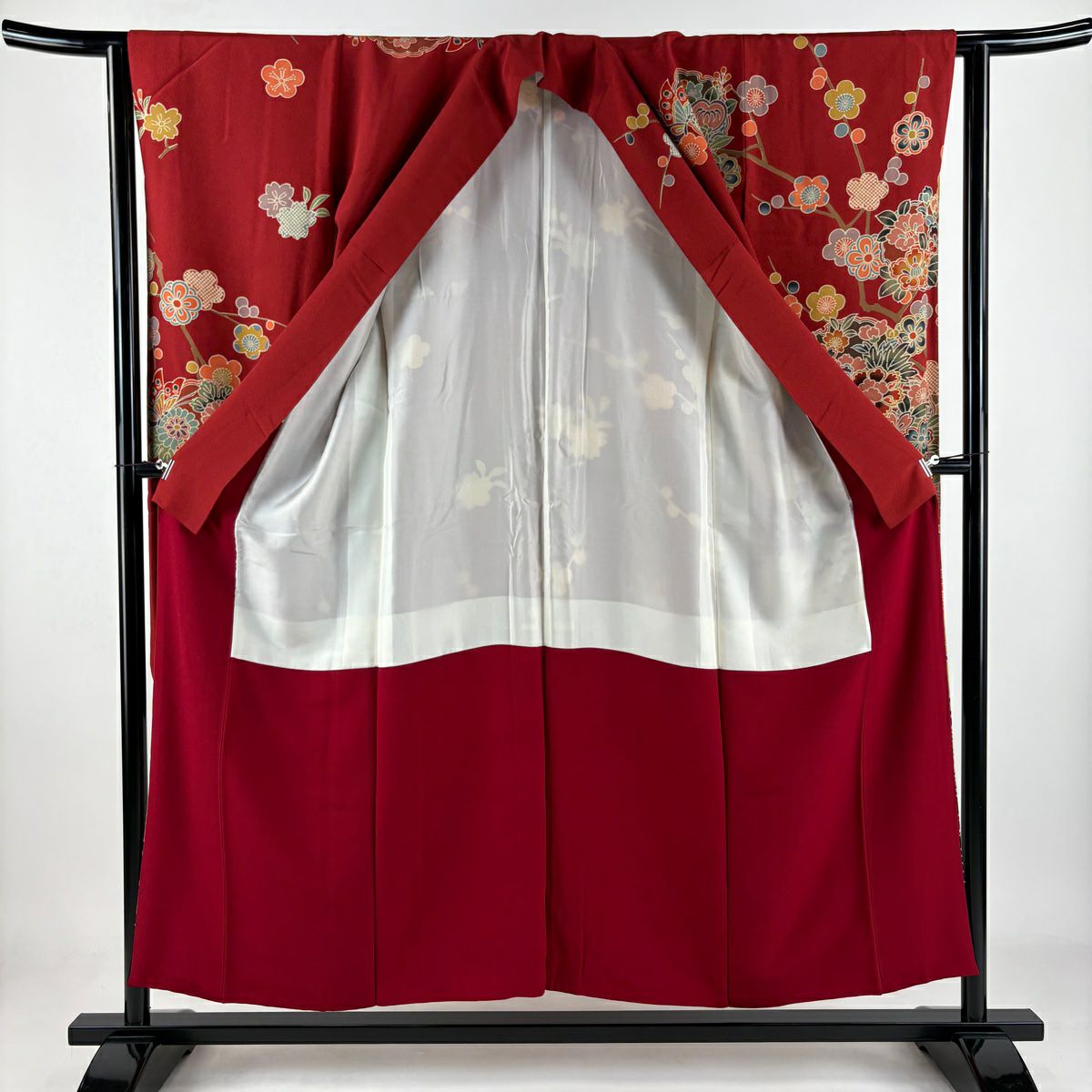 【庫存清倉】振袖禮服 身長153cm 袖長62cm S 雙層 蝴蝶 草花紋 染分 漸層 紅茶 純蠶絲 名品級