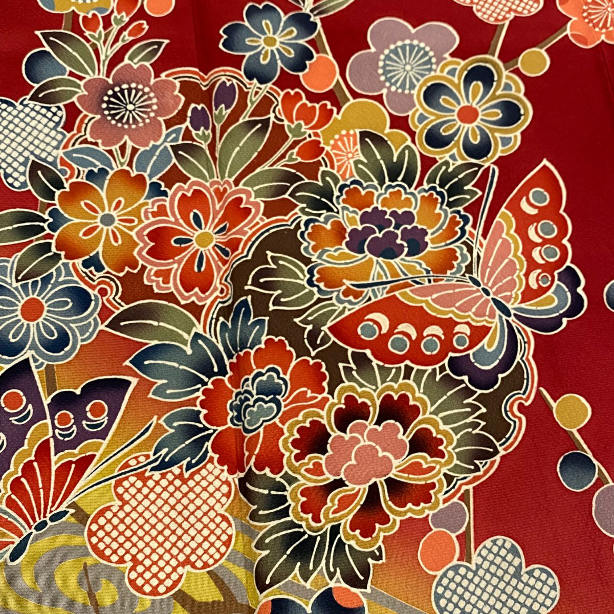 【庫存清倉】振袖禮服 身長153cm 袖長62cm S 雙層 蝴蝶 草花紋 染分 漸層 紅茶 純蠶絲 名品級