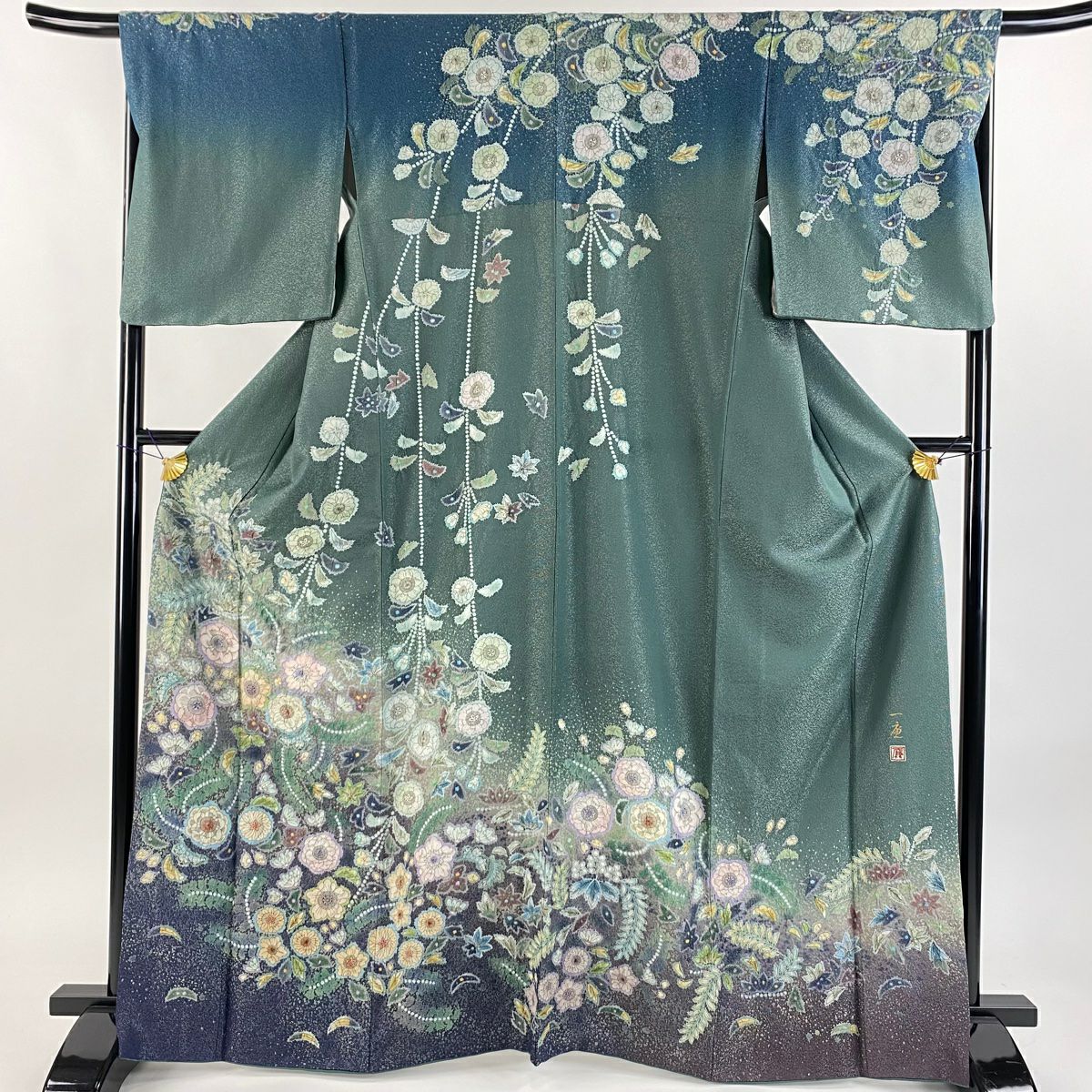 【美品】訪問服 身長167cm 袖長67cm M 雙層 吉乃一廉 落款あり 辻花染 銀通し 綠 純蠶絲 逸品級