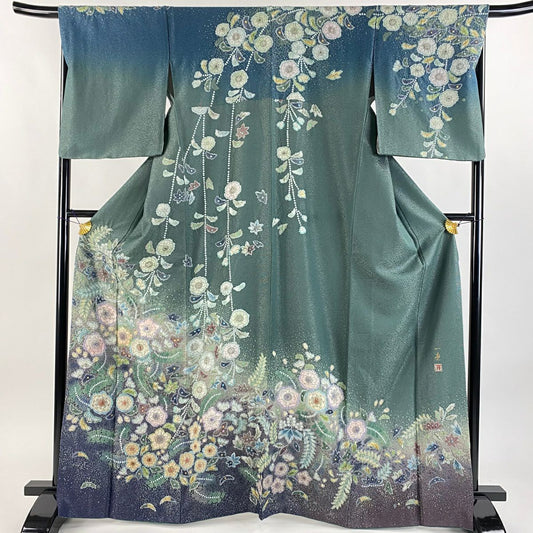 【美品】訪問服 身長167cm 袖長67cm M 雙層 吉乃一廉 落款あり 辻花染 銀通し 綠 純蠶絲 逸品級