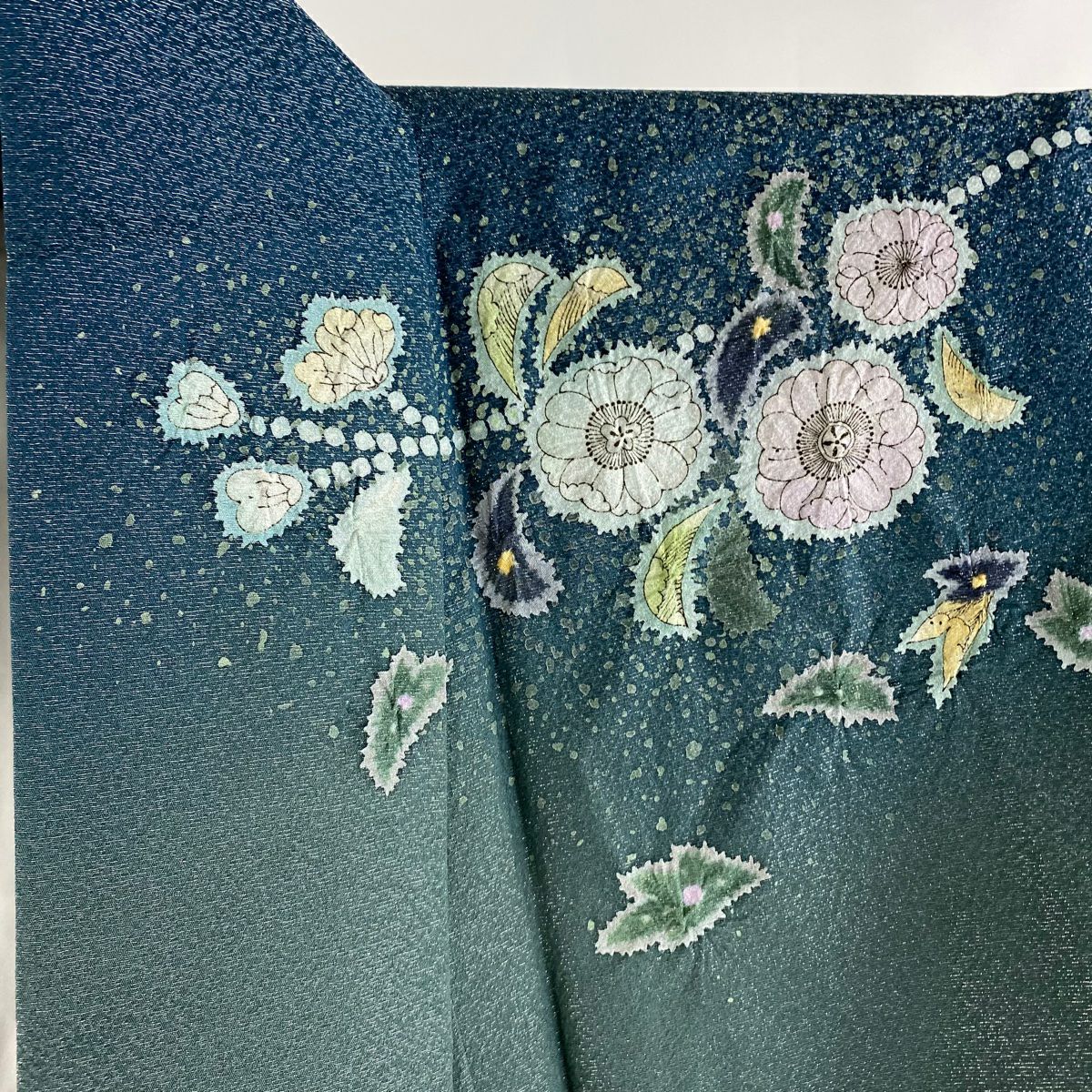 【美品】訪問服 身長167cm 袖長67cm M 雙層 吉乃一廉 落款あり 辻花染 銀通し 綠 純蠶絲 逸品級