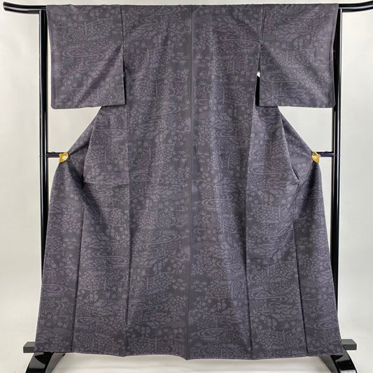 【美品】結城紬織 身長164.5cm 袖長63.5cm S 雙層 はたおり娘 奥順 證書あり 風景 草花紋 紫 純蠶絲 逸品級