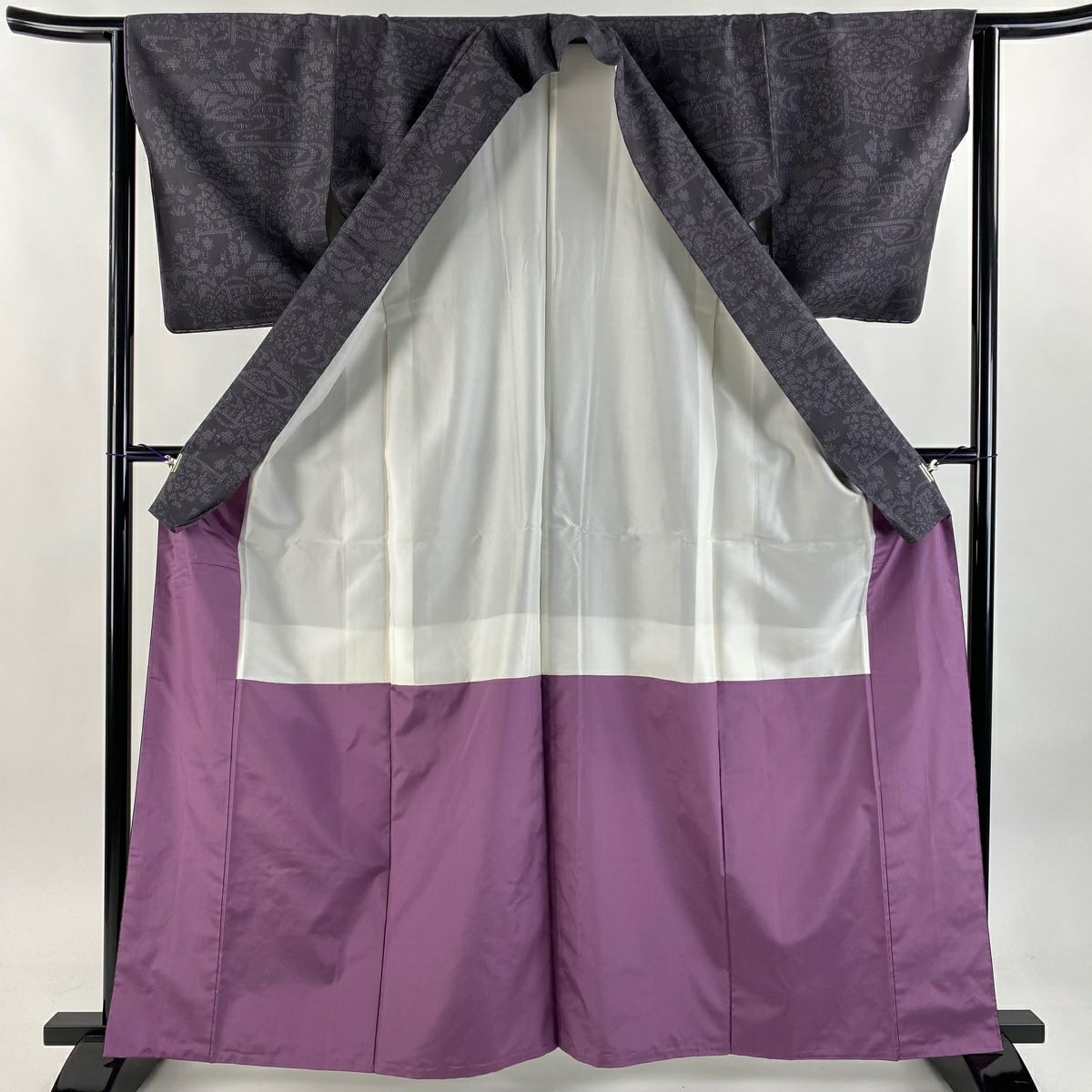 【美品】結城紬織 身長164.5cm 袖長63.5cm S 雙層 はたおり娘 奥順 證書あり 風景 草花紋 紫 純蠶絲 逸品級