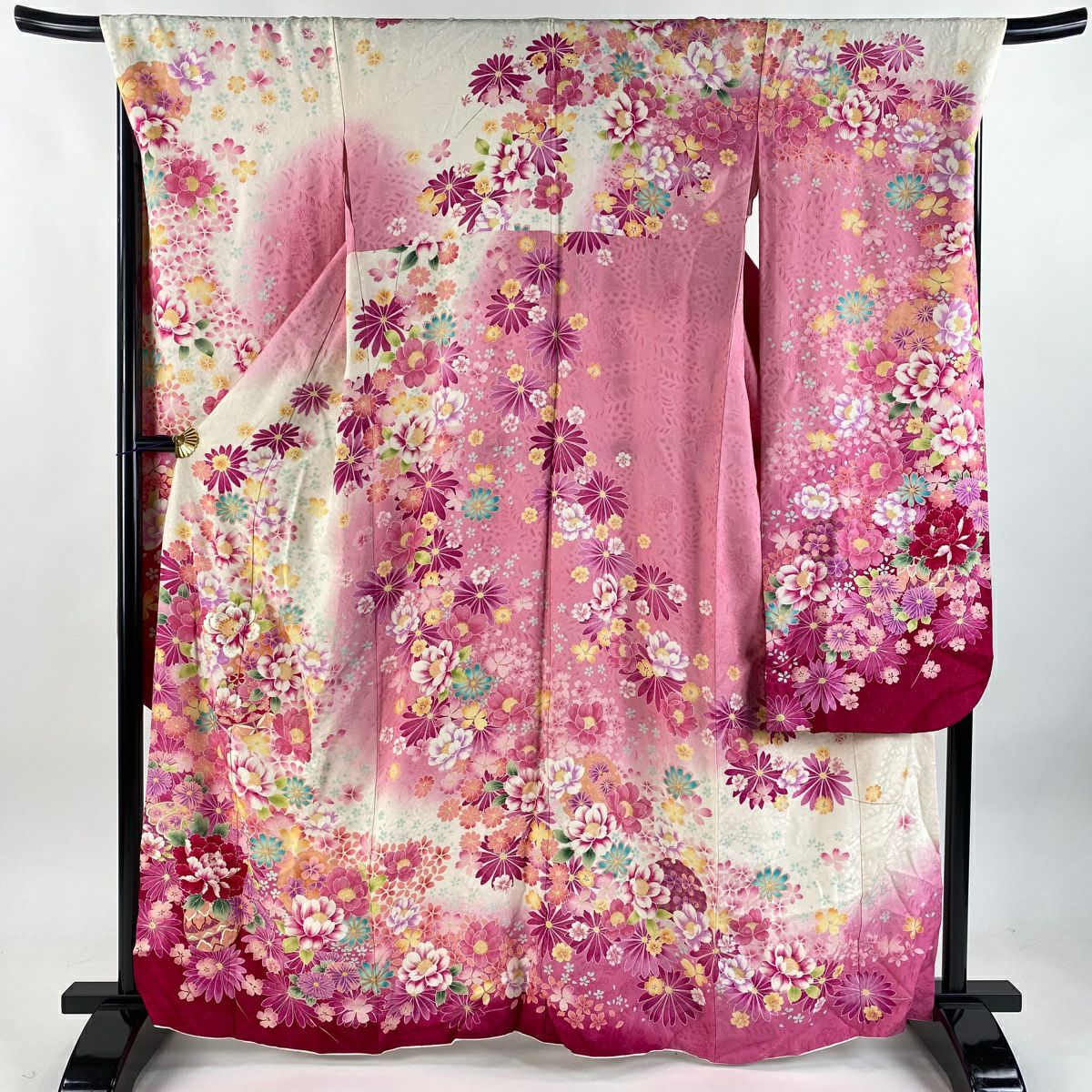 振袖禮服 身長160cm 袖長70cm L 雙層 草花紋紋 手毬 金絲 金銀彩 粉紅 純蠶絲 逸品級