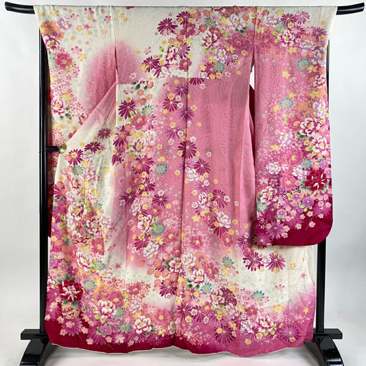 振袖禮服 身長160cm 袖長70cm L 雙層 草花紋紋 手毬 金絲 金銀彩 粉紅 純蠶絲 逸品級