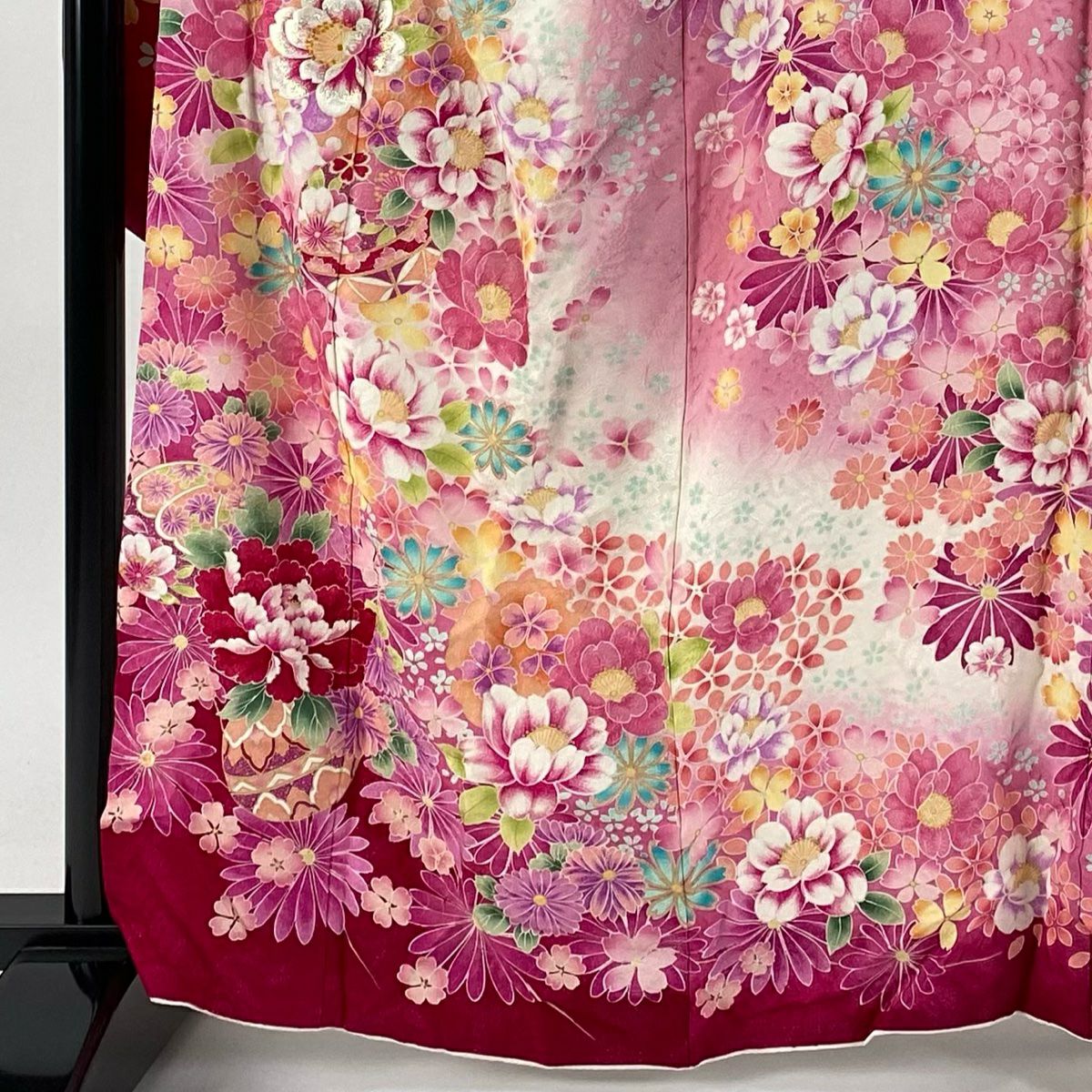 振袖禮服 身長160cm 袖長70cm L 雙層 草花紋紋 手毬 金絲 金銀彩 粉紅 純蠶絲 逸品級