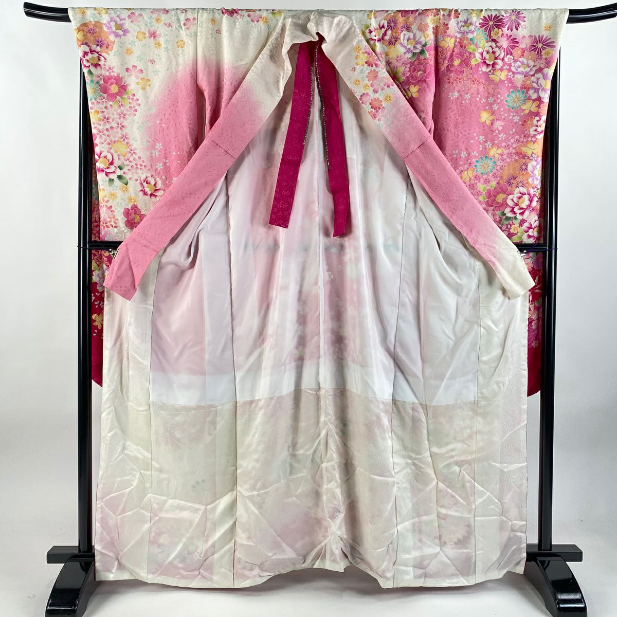 振袖禮服 身長160cm 袖長70cm L 雙層 草花紋紋 手毬 金絲 金銀彩 粉紅 純蠶絲 逸品級