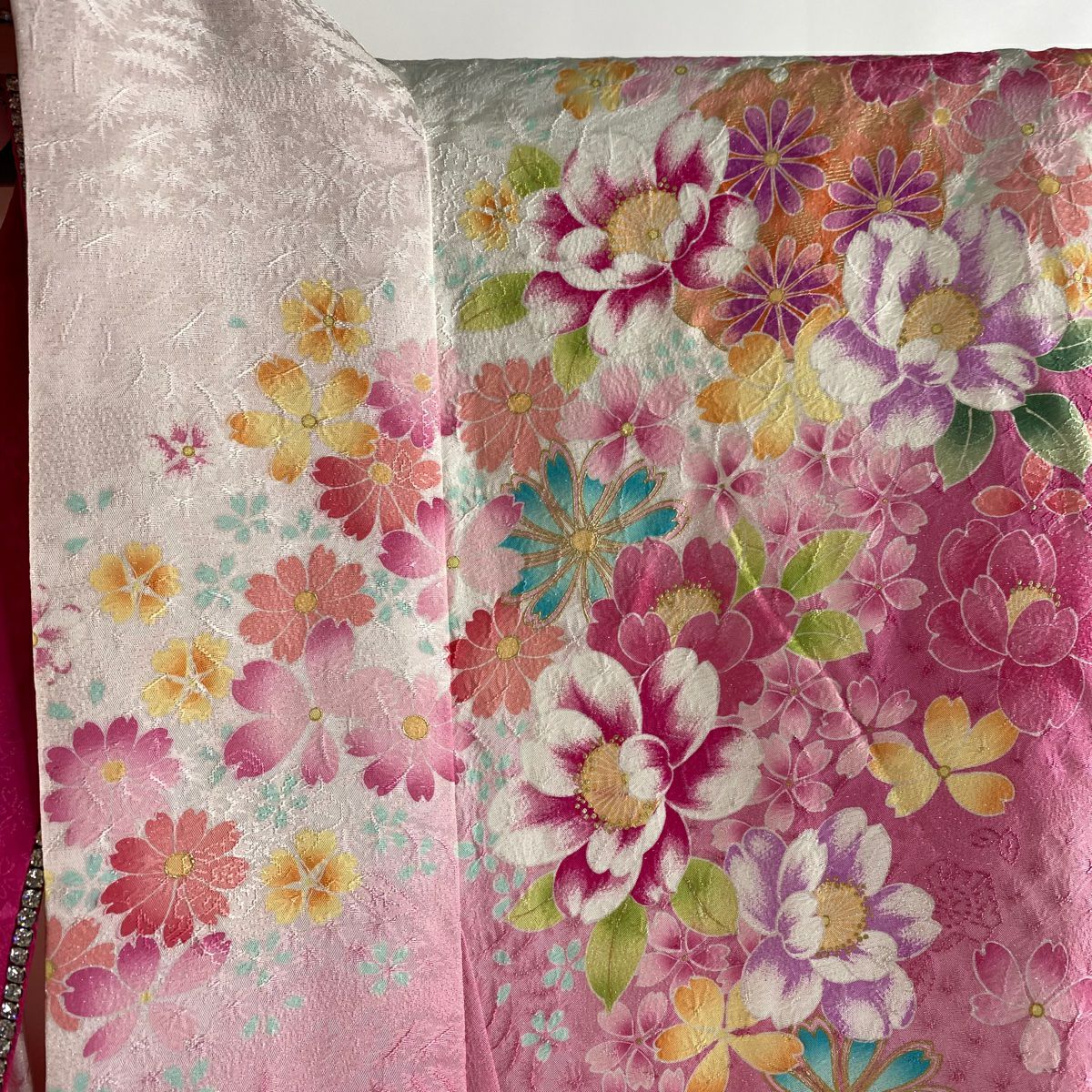 振袖禮服 身長160cm 袖長70cm L 雙層 草花紋紋 手毬 金絲 金銀彩 粉紅 純蠶絲 逸品級