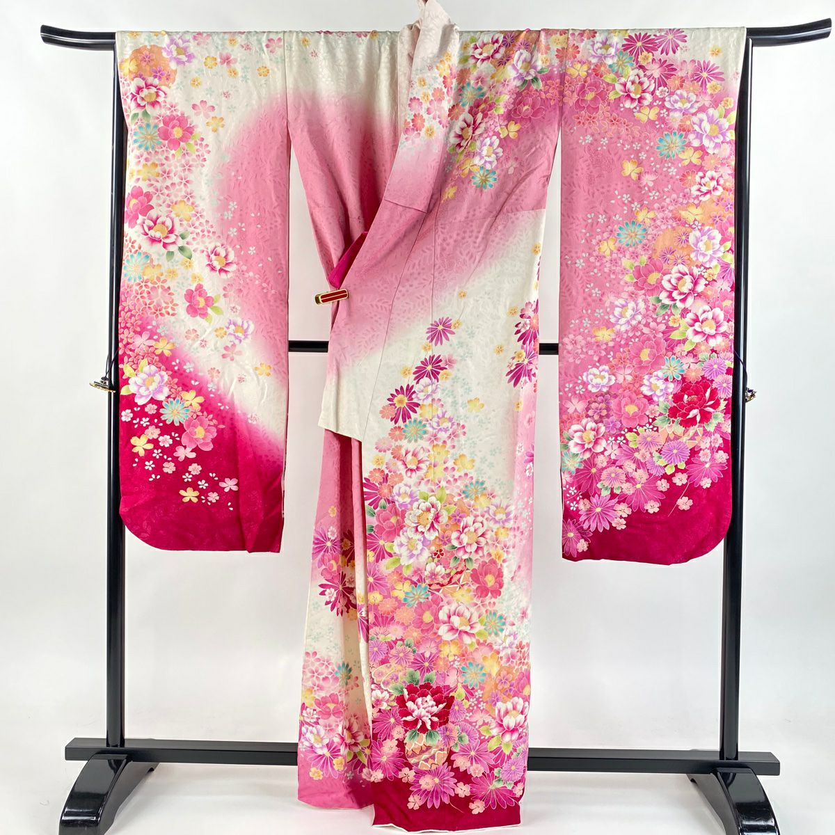 振袖禮服 身長160cm 袖長70cm L 雙層 草花紋紋 手毬 金絲 金銀彩 粉紅 純蠶絲 逸品級