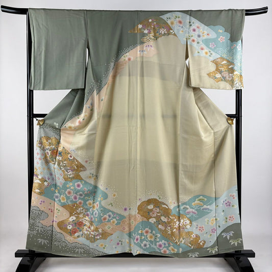 【庫存清倉】訪問服 身長159cm 袖長67cm M 雙層 大和 草花紋紋 松樹 金絲 金銀彩 灰綠 純蠶絲 名品級