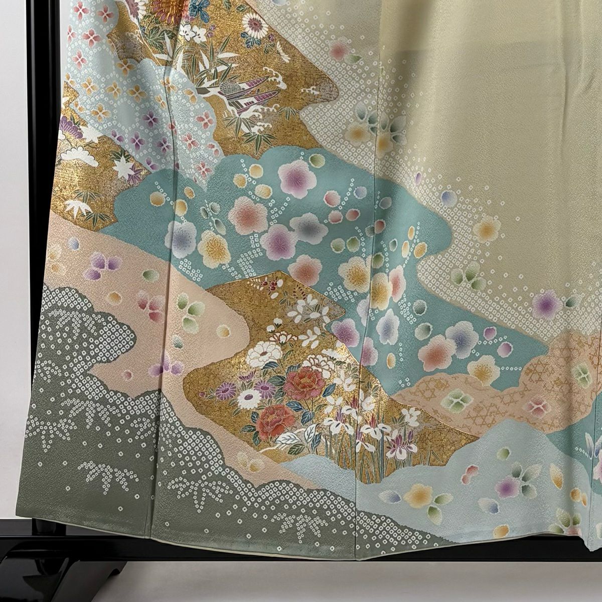 【庫存清倉】訪問服 身長159cm 袖長67cm M 雙層 大和 草花紋紋 松樹 金絲 金銀彩 灰綠 純蠶絲 名品級