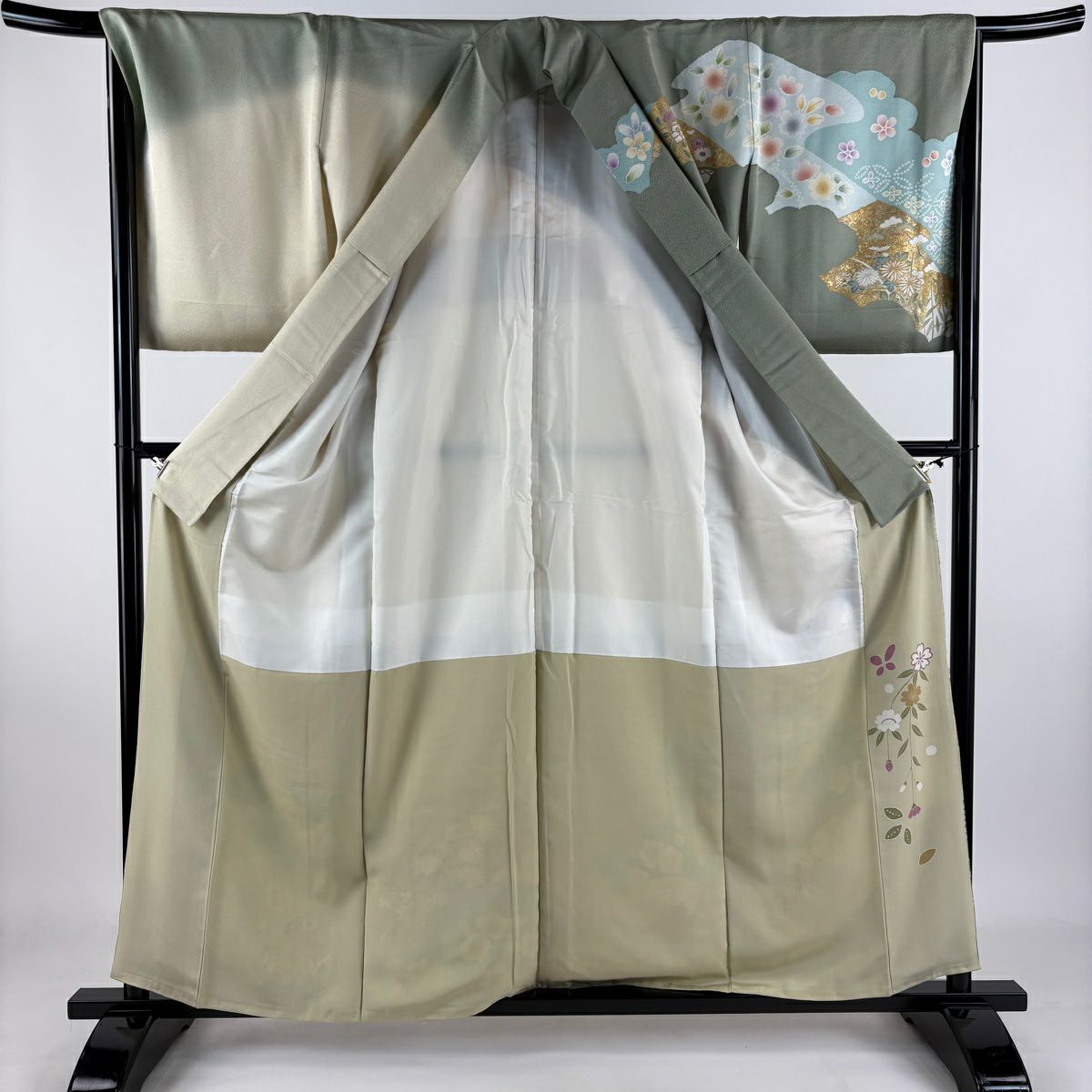 【庫存清倉】訪問服 身長159cm 袖長67cm M 雙層 大和 草花紋紋 松樹 金絲 金銀彩 灰綠 純蠶絲 名品級