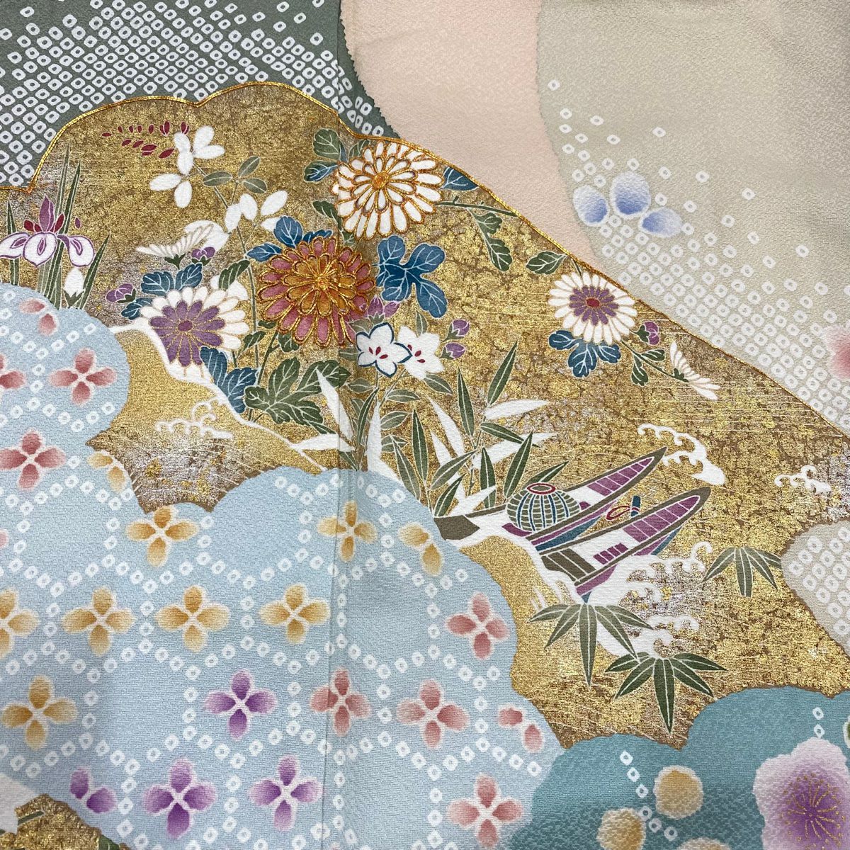 【庫存清倉】訪問服 身長159cm 袖長67cm M 雙層 大和 草花紋紋 松樹 金絲 金銀彩 灰綠 純蠶絲 名品級