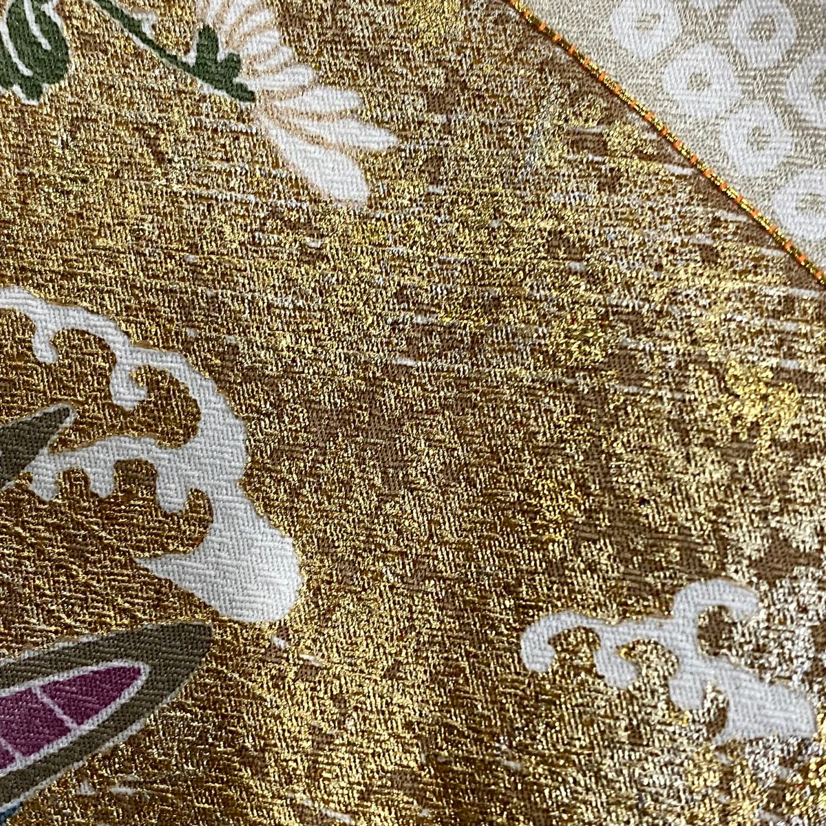 【庫存清倉】訪問服 身長159cm 袖長67cm M 雙層 大和 草花紋紋 松樹 金絲 金銀彩 灰綠 純蠶絲 名品級