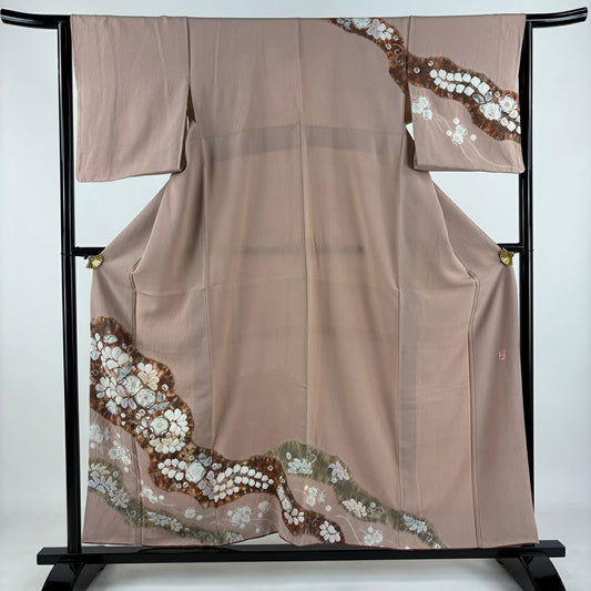 【庫存清倉】訪問服 身長157cm 袖長64cm M 雙層 滝泰 有落款 辻花染 漸層 絞織 粉米色 純蠶絲 名品級